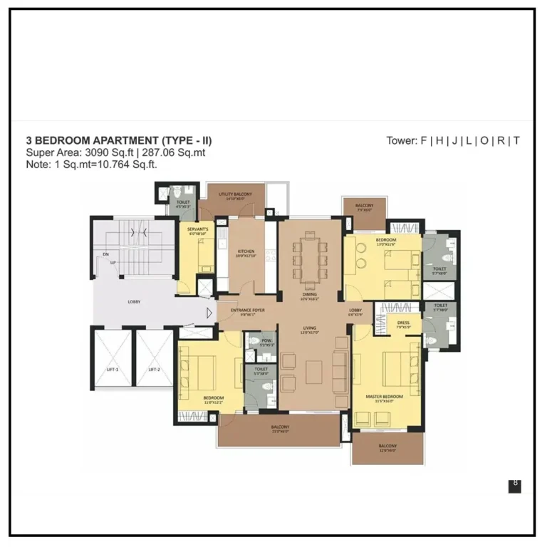 Ambience Creacions 3-BHK Floor Plan